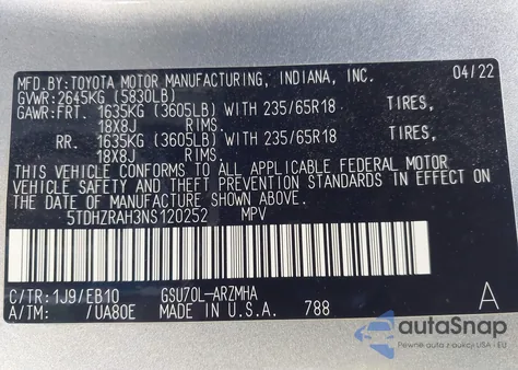 2022 Toyota Highlander Xle из США, поврежденный, VIN 5TDHZRAH3NS120252